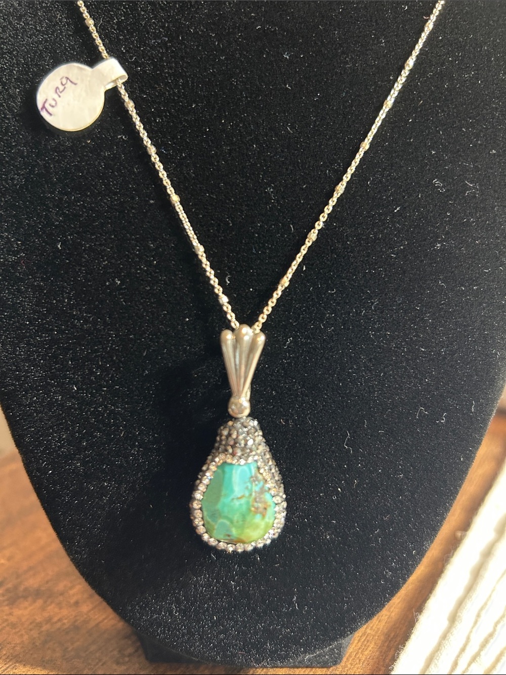 Sterling Silver Teardrop Turquoise Pendant Necklace 17 inches